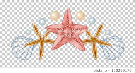 Red five pointed starfish and shell with pearl watercolor design. Hand drawn line art with dots in colored pencil style. Great for summer travel card or holiday print. Perfect for coastal project. 130299176
