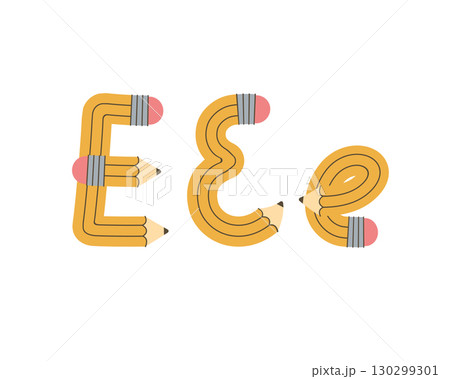 Yellow pencil in the shape of the letter E. Alphabet design. Vector illustration 130299301