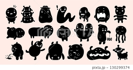 Funny monsters. Cute animal black silhouette. Comic alien face or scary characters. Kawaii baby toy. Kids beast. Doodle creature face. Emotion expression and poses. Vector ink icons set Funny monsters. Cute animal black silhouette. Comic alien face or scary characters. Kawaii baby toy. Kids beast. Doodle creature face. Emotion expression and poses. Vector ink icons set 130299374