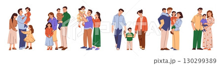 Happy parents. Child with mother and father, adopt kid or diverse children care. People couple, multicultural characters. Wife and husband portrait. Vector cartoon flat style isolated set 130299389