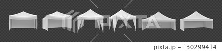 Tent mockup. Exhibition booth. 3D event stand or white gazebo canopy. Outdoor pop up promo material. Trade marquee. Park awning. summer open pavilion. Vector isolated realistic objects set 130299414