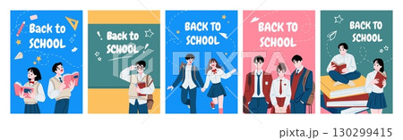 Back to school posters. Students education. Teacher at chalkboard. Schoolchildren in uniform. University people characters or college children training. Vector flat design cards set Back to school posters. Students education. Teacher at chalkboard. Schoolchildren in uniform. University people characters or college children training. Vector flat design cards set 130299415