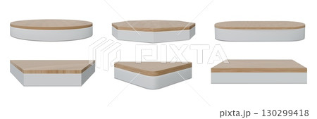 Wooden podium. Wood pedestal, platform or base stage, product stand. 3d floor, white square plate. Minimal showcase for exhibition and product presentation. Vector isolated mockup 130299418