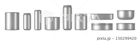 Can mockup. Tin soda beer. 3D aluminum cylinder or metal food jars. Blank white packs. Round coffee boxes. Closed conserve packages. Preserves packaging. Vector realistic objects set Can mockup. Tin soda beer. 3D aluminum cylinder or metal food jars. Blank white packs. Round coffee boxes. Closed conserve packages. Preserves packaging. Vector realistic objects set 130299420