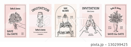 Hand drawn invitation cards. Wine glasses. Cocktail party. Holiday dessert cake. Champagne wineglasses cheers. Flowers bouquet. Alcohol drink. Vector vintage line sketch banners set Hand drawn invitation cards. Wine glasses. Cocktail party. Holiday dessert cake. Champagne wineglasses cheers. Flowers bouquet. Alcohol drink. Vector vintage line sketch banners set 130299425
