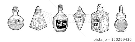 Potion bottle. Poison vintage tattoo, art and love magic vial. Hand drawn alchemist glass drink, alchemy sketch style symbols. Magical love elixir. Fairy phial. Vector isolated set Potion bottle. Poison vintage tattoo, art and love magic vial. Hand drawn alchemist glass drink, alchemy sketch style symbols. Magical love elixir. Fairy phial. Vector isolated set 130299436