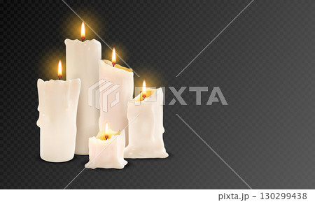 Memorial candle. 3D wax object for fire ceremony. White spa or holiday celebration night. Meditation flame. Paraffin sticks with lit wicks. Vector candlelight on transparent background Memorial candle. 3D wax object for fire ceremony. White spa or holiday celebration night. Meditation flame. Paraffin sticks with lit wicks. Vector candlelight on transparent background 130299438