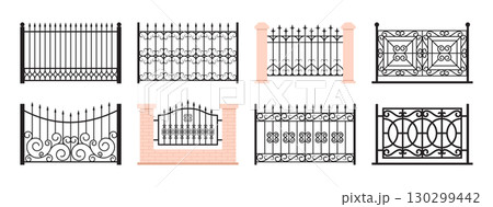 Balcony railing. Fence facade. Terrace metal enclosure. Antique banister decoration or vintage parapet balustrade. Forged fencing isolated section. Vector barrier constructions set 130299442