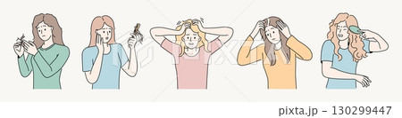 Hair loss. Woman scalp care problems. Fall and damage female skin or girl growth treatment. Health head character drawing. Combing hairstyle. Alopecia disease. Balding people vector set 130299447