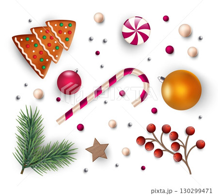 Christmas realistic elements. 3d pine branch, sweets, gingerbread cookie, berries and glass toys for decoration. Cards and posters botanical design. Winter season. Vector isolated illustration 130299471