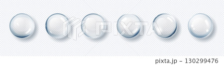 Water drops. 3D glass droplet. White or blue acid skin gel texture. Liquid clear collagen moisture serum. Oil drip. Face care cosmetic. Geometric glossy form. Vector isolated products set Water drops. 3D glass droplet. White or blue acid skin gel texture. Liquid clear collagen moisture serum. Oil drip. Face care cosmetic. Geometric glossy form. Vector isolated products set 130299476