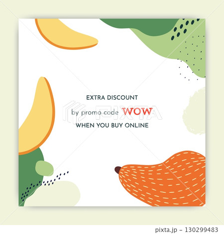 Mango frame. Abstract background for social media, tropical fruits summer sale and discount flyer botanical design. Special offer template. Marketing promotion. Vector isolated illustration 130299483