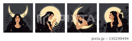 Woman sleep. Night dream, magic moon young girl hair or witch astrology, mystery style. Esoteric beauty, creative stars. Character moonlight vector drawing cartoon isolated illustration 130299494