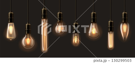 Light bulb. Electric hang edison lamp, retro wire filament, vintage yellow incandescent effect isolated on black background. Different realistic lightbulbs, creative idea symbol. Vector set 130299503