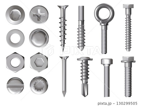 Silver rivet. Stainless steel screw. Bolt and stud nut head. Metal nail pin or fix sign. Iron fixing 3D elements. Hardware assortment. Hexagon fastening. Vector realistic objects set 130299505
