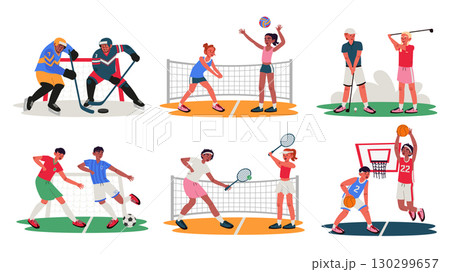 Sports people concept set for modern web design. Collection with men and women in uniform playing hockey, volleyball, golf, football, tennis, basketball, training to competition. Vector illustration. 130299657