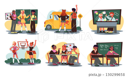 School pupils concept set for modern web design. Collection with teenage people learning together, classmates talking, studying in class, playing basketball, waiting bus, more. Vector illustration. 130299658