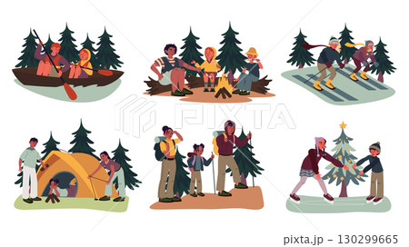 Active leisure concept set for modern web design. Collection with people boating, hiking outdoors, camping and having picnic in forest, trekking, skiing and ice skating at winter. Vector illustration. 130299665