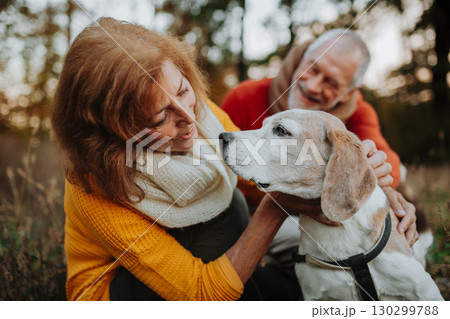 Elderly man and woman walking their dog in nature on autumn day. 130299788