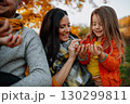 A portrait of young family with two small children in autumn nature at sunset. 130299811