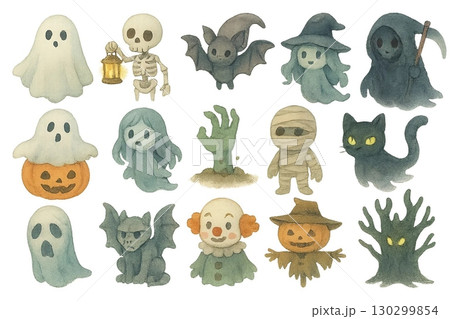 Spooky Halloween Characters Collection Ghosts Skeletons Bats and More 130299854