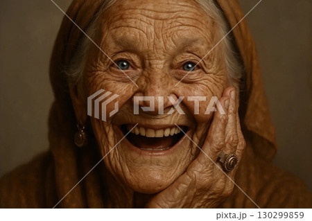 Monochrome oil portrait of joyful 90-year-old woman 130299859