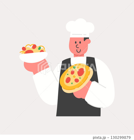 Cartoon illustration of a chef with pizza and pasta. Cooking, food, and Italian cuisine concept. 130299879