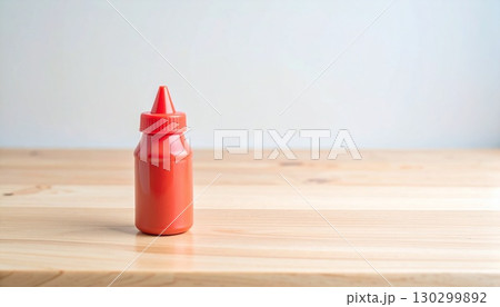 木のテーブルに置かれた赤いケチャップボトル 木のテーブルに置かれた赤いケチャップボトル 130299892
