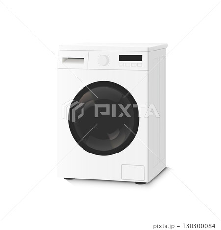 White washing machine, side view. Washing clothes. 130300084