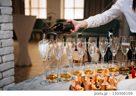 Champagne being poured into glasses during elegant catering event celebration Champagne being poured into glasses during elegant catering event celebration 130300109