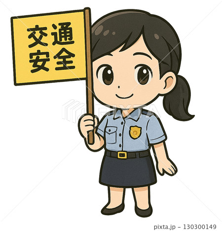 交通安全の黄色い旗を笑顔で持っている夏服の制服を着た婦人警官 130300149