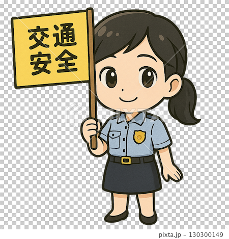 交通安全の黄色い旗を笑顔で持っている夏服の制服を着た婦人警官 130300149