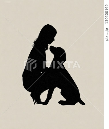 A minimalist silhouette of a woman kneeling and lovingly facing her dog against a neutral background A minimalist silhouette of a woman kneeling and lovingly facing her dog against a neutral background 130300169