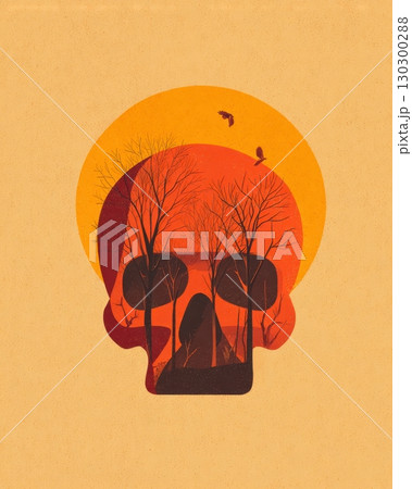 illustration of a skull silhouette filled with leafless trees and birds against a warm background 130300288