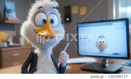 A goose character in a blazer holding a stylus stands beside a sleek presentation screen, with a light-gray office background A goose character in a blazer holding a stylus stands beside a sleek presentation screen, with a light-gray office background 130300317