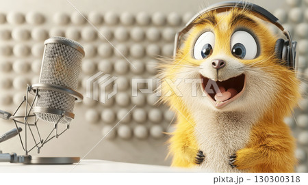 Meerkat character wearing headphones beside a condenser microphone in a white studio 130300318