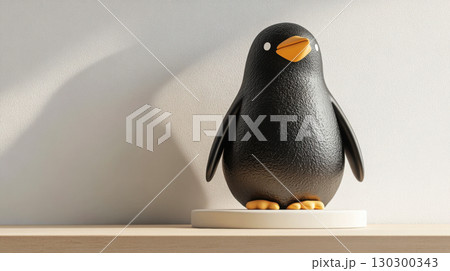 Matte-black penguin figure with glossy orange beak on neutral platform against soft gray wall Matte-black penguin figure with glossy orange beak on neutral platform against soft gray wall 130300343