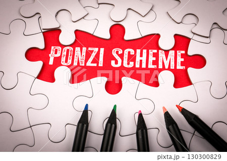 Ponzi Scheme Warning Concept with Puzzle and Red Alert Message in Business Fraud Context 130300829