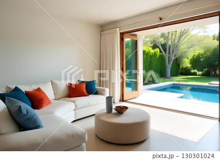 beautiful luxury comfortable pillow on sofa decoration outdoor patio with wooden house 130301024