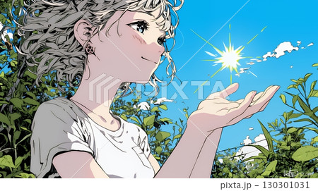 太陽を手のひらに乗せているように自撮りしている女性