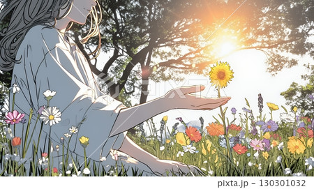 太陽を手のひらに乗せているように自撮りしている女性