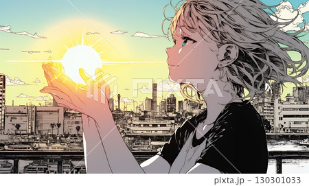 太陽を手のひらに乗せているように自撮りしている女性