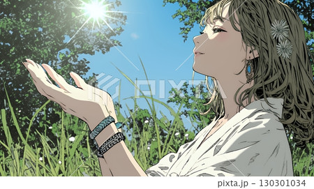 太陽を手のひらに乗せているように自撮りしている女性