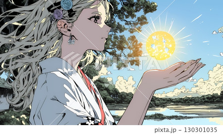 太陽を手のひらに乗せているように自撮りしている女性