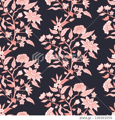 Seamless pattern with monochrome pastel pink chinoiserie hand drawn motifs on black background Seamless pattern with monochrome pastel pink chinoiserie hand drawn motifs on black background 130301050