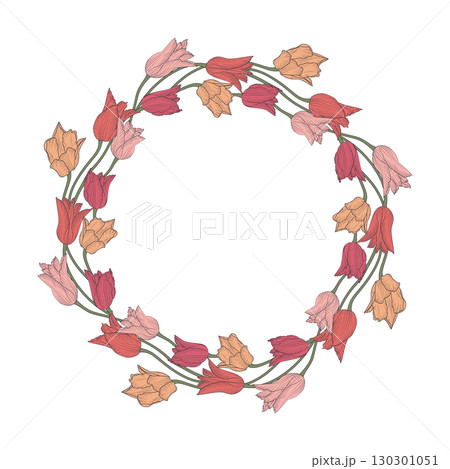Pink and yellow hand drawn line art tulips flowers wreath isolated on white Pink and yellow hand drawn line art tulips flowers wreath isolated on white 130301051