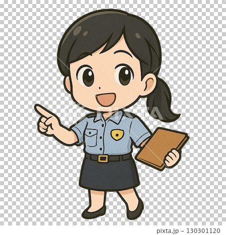 A female police officer in a summer uniform holding documents and pointing with a smile 130301120