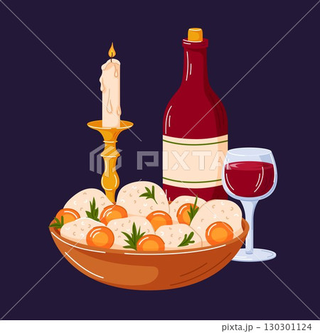 Festive table for Rosh Hashanah holiday with a burning candle, kiddush bottle, glass of wine and a bowl of traditional matzo soup symbolizing a Jewish holiday meal celebration in cartoon style. 130301124
