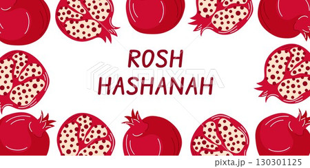 Festive Rosh Hashanah greeting design with red pomegranate and seeds arranged around text on a white background symbolizing Jewish new year celebration in flat style. Festive Rosh Hashanah greeting design with red pomegranate and seeds arranged around text on a white background symbolizing Jewish new year celebration in flat style. 130301125