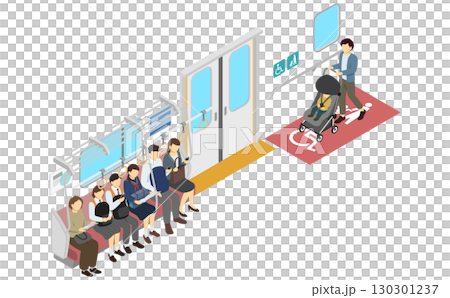 アイソメトリックイラスト:電車の座席とベビーカースペース アイソメトリックイラスト:電車の座席とベビーカースペース 130301237
